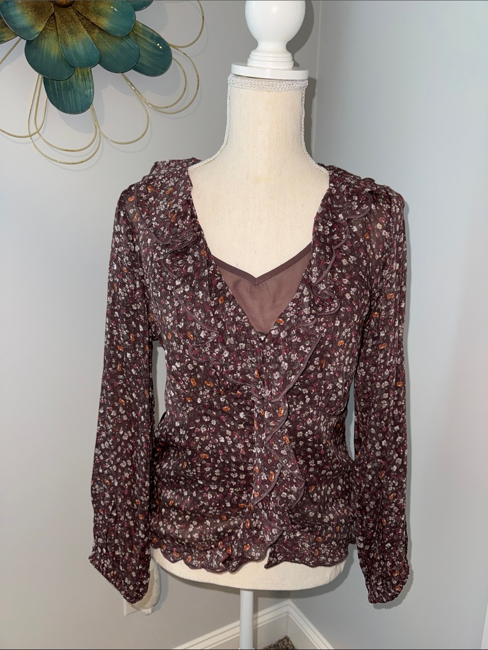 Lucky Brand Plum Floral Ruffle V-Neck Blouse